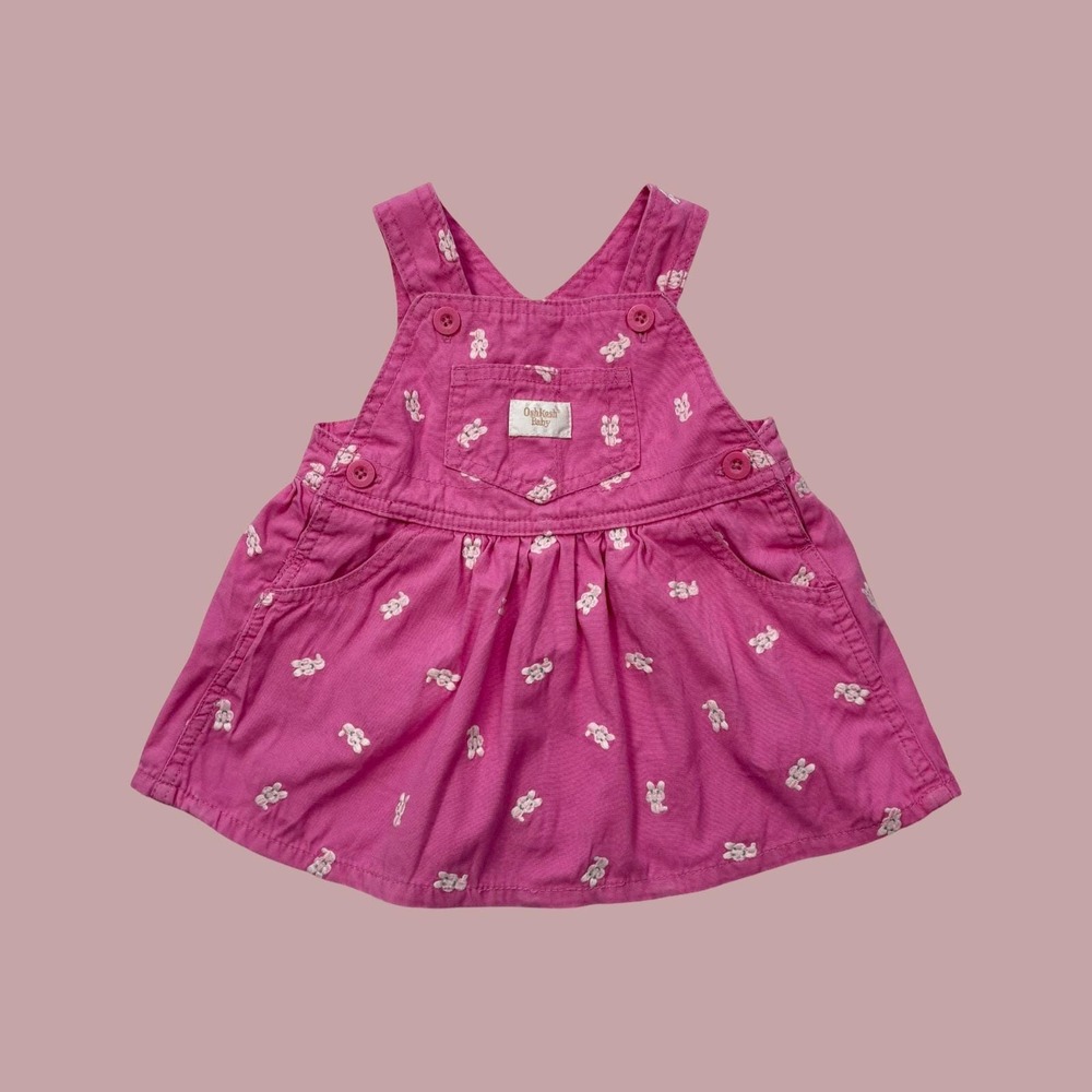 Vintage Oshkosh BGosh‎ Pale Pink Bunny Rabbit Easter Overall Dress, Size 3-6 Mon